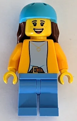 Scooter Rider - Female, Bright Light Orange Jacket, Medium Blue Legs, Medium Azure Helmet, Reddish Brown Long Hair