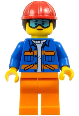 Construction Worker - Female, Blue Jacket with Diagonal Lower Pockets and Orange Stripes, Orange Legs, Red Construction Helmet with Dark Brown Ponytail Hair, Goggles