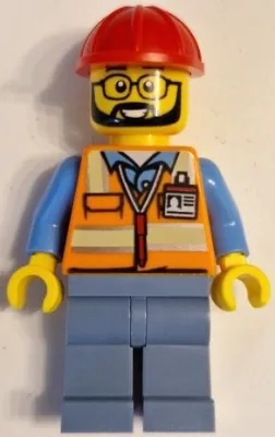 Construction Worker - Male, Orange Safety Vest with Reflective Stripes, Sand Blue Legs, Red Construction Helmet
