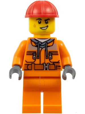 Construction Worker - Male, Orange Safety Jacket, Reflective Stripe, Sand Blue Hoodie, Orange Legs, Red Construction Helmet