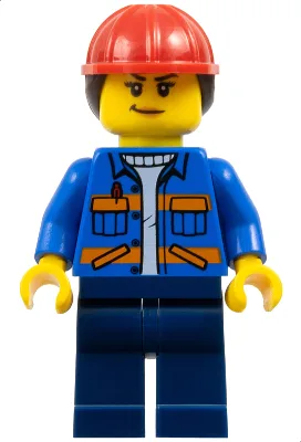 Construction Worker - Female, Blue Jacket with Diagonal Lower Pockets and Orange Stripes, Dark Blue Legs, Red Construction Helmet with Dark Brown Ponytail Hair