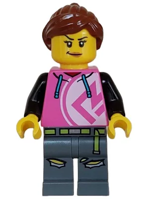 Kick Scooter Driver - Female, Dark Pink Hoodie, Dark Bluish Gray Legs