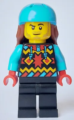Snowboarder - Male, Geometric Jacket, Black Legs, Medium Azure Sports Helmet, Reddish Brown Long Hair
