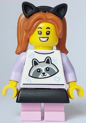 Child - Girl, White Top with Raccoon, Bright Pink Short Legs, Dark Orange Pigtails, Black Skirt and Cat Ears