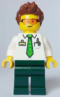 Electric Scooter Rider - Male, White Shirt with Bright Green Tie, Dark Green Legs, Reddish Brown Spiked Hair, Safety Glasses