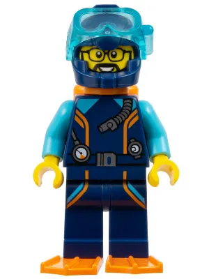 Arctic Explorer Diver - Male, Dark Blue Diving Suit and Helmet, Orange Air Tanks and Flippers, Trans-Light Blue Diver Mask, Beard and Glasses