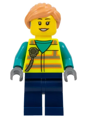 Airport Worker - Female, Neon Yellow Safety Vest with Radio, Dark Blue Legs, Nougat Ponytail Hair, Hearing Aid
