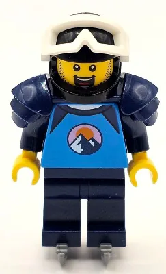 Ice Hockey Player - Male, Dark Azure and Dark Blue Shirt with Mountains, Dark Blue Legs and Shoulder Pads, Black Helmet, White Goggles, Ice Skates