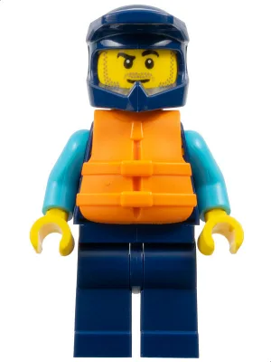 Water Scooter Driver - Male, Dark Blue Diving Suit and Dirt Bike Helmet, Orange Life Jacket, Lopsided Smirk