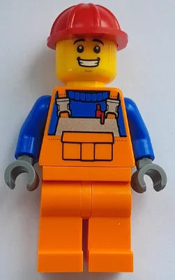 Construction Worker - Male, Orange Overalls with Reflective Stripe and Buckles over Blue Shirt, Orange Legs, Red Construction Helmet, Open Mouth Smile