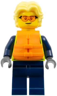 Police - City Officer Male, Neon Yellow Safety Vest, Dark Blue Legs, Bright Light Yellow Wavy Hair, Orange Life Jacket, Safety Glasses
