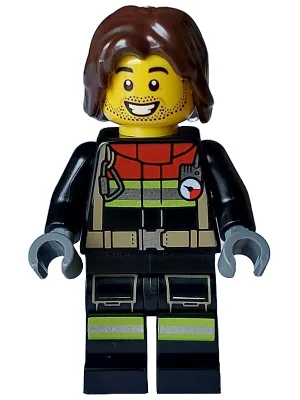 Fire - Male, Black Jacket and Legs with Reflective Stripes and Red Collar, Dark Brown Hair Mid-Length Tousled