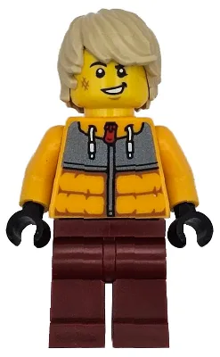 Snowboarder - Male, Bright Light Orange Jacket, Dark Red Legs, Tan Tousled Hair, Scuff Mark