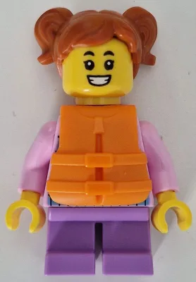 Child - Girl, Bright Pink Hoodie with Medium Blue and White Diagonal Stripes, Medium Lavender Short Legs, Dark Orange Hair with Pigtails, Orange Life Jacket