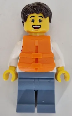 Sailboat Driver - Male, White Sweater with Red Horizontal Stripes, Sand Blue Legs, Dark Brown Short Tousled Hair, Orange Life Jacket