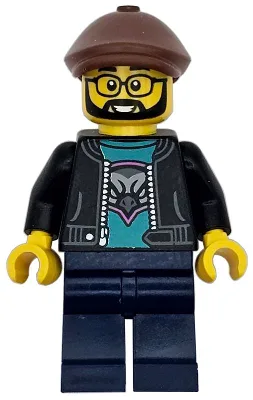 Race Truck Driver - Male, Black Jacket over Dark Turquoise Shirt with Hawk Head Logo, Dark Blue Legs, Reddish Brown Flat Cap, Beard, Glasses