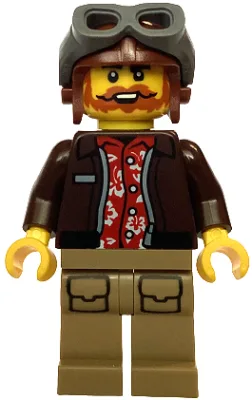 City Jungle Explorer Pilot - Male, Dark Brown Jacket over Red Hawaiian Shirt, Dark Tan Legs with Pockets, Reddish Brown Aviator Cap with Dark Bluish Gray Goggles, Dark Orange Beard