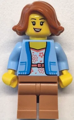 Bus Passenger - Female, Bright Light Blue Jacket over White Shirt with Coral Flowers, Medium Nougat Legs, Dark Orange Hair