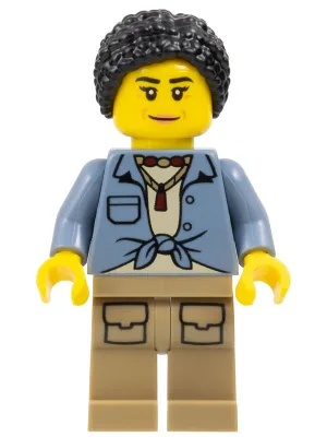 City Jungle Explorer - Female, Sand Blue Knotted Shirt over Tan Shirt and Necklace, Dark Tan Legs with Pockets, Black Hair Braided Bun