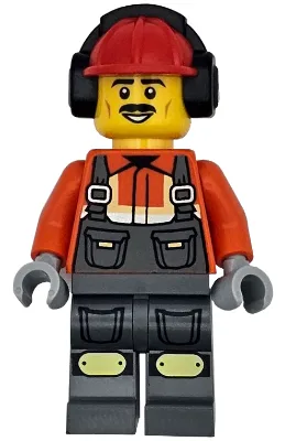 Construction Worker - Male, Dark Bluish Gray Overalls over Reddish Orange Safety Jacket with Reflective Stripes, Dark Bluish Gray Legs with Knee Pads, Red Construction Helmet with Black Ear Protectors