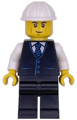 Construction Engineer / Architect - Male, Black Vest with Blue Striped Tie, Black Legs, White Construction Helmet, Lopsided Grin