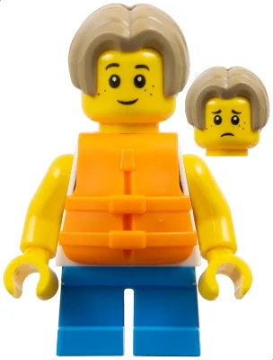 Child - Boy, White Tank Top with Dark Azure Sailboat, Dark Azure Short Legs, Dark Tan Bowl Cut Hair, Orange Life Jacket