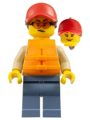 Woman - Red Ball Cap with Reddish Brown Ponytail, Orange Life Jacket, Sand Blue Legs