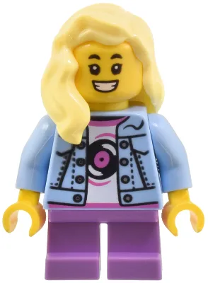 Child - Girl, Bright Light Blue Denim Jacket over Shirt with Record, Medium Lavender Short Legs, Bright Light Yellow Hair