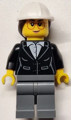 Construction Engineer / Architect - Female, Black Suit Jacket with White Button Up Shirt, Dark Bluish Gray Legs, White Construction Helmet with Dark Brown Ponytail Hair, Glasses