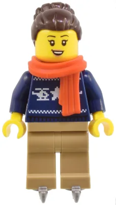 Woman - Dark Blue Holiday Sweater, Dark Tan Legs, Dark Brown Hair with Bun, Red Scarf, Ice Skates