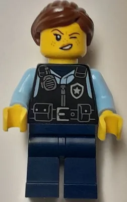 Police - City Officer Female, Black Safety Vest with Silver Star Badge Logo, Dark Blue Legs, Reddish Brown Hair with Ponytail
