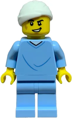 Hospital Bed Soapbox Race Car Driver (Patient) - Male, Bright Light Blue Hospital Gown and Legs, White Head Bandage, Scuff Mark
