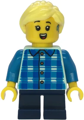 Child - Girl, Blue and Dark Azure Plaid Shirt, Dark Blue Short Legs, Bright Light Yellow Ponytail, Hearing Aid