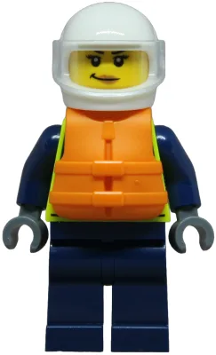 Police - City Officer Female, Neon Yellow Safety Vest, Dark Blue Legs, White Helmet, Trans-Clear Visor, Orange Life Jacket