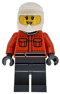 Formula 1 Pit Crew Member - Female, Reddish Orange Racing Suit with Pockets, Dark Bluish Gray Legs, White Dirt Bike Helmet