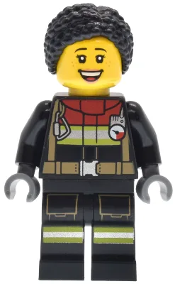 Fire - Female, Black Jacket and Legs with Reflective Stripes and Red Collar, Black Hair Braided with Knot Bun, Freckles