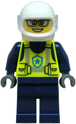 Polizei – Weibliche Stadtbeamtin, neongelbe Sicherheitsweste, dunkelblaue Hosen, weißer Helm, transparentes Visier