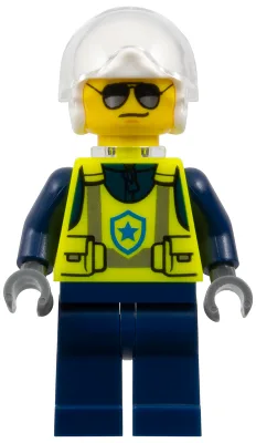 Police - City Officer Male, Neon Yellow Safety Vest, Dark Blue Legs, White Flight Helmet, Trans-Clear Visor, Neck Bracket