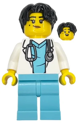 Médecin - Femme, blouse blanche avec stéthoscope, tenue de bloc opératoire bleu marine (taille moyenne), cheveux noirs