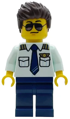 Pilote d'ambulance aérienne - Homme, chemise bleu clair avec cravate, jambes bleu foncé, cheveux brun foncé, lunettes de soleil