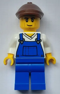 Farmer - Male, Blue Overalls over V-Neck Shirt, Blue Legs, Reddish Brown Flat Cap