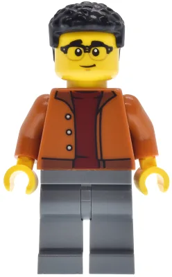 EV Supercar Driver - Male, Dark Orange Jacket, Dark Bluish Gray Legs, Black Coiled Hair