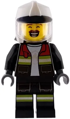 Fire - Male, Black Open Jacket and Legs with Reflective Stripes and Red Collar, White Fire Helmet, Trans-Clear Visor, Reddish Brown Moustache