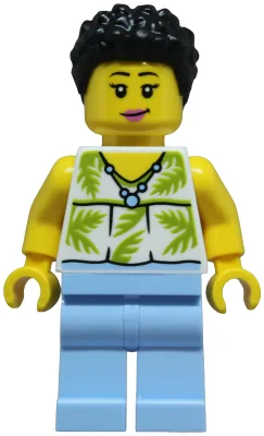 Tourist - Female, White Sleeveless Top with Lime Palm Leaves, Bright Light Blue Legs, Black Hair