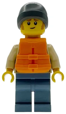 Man - Tan Knit Cable Sweater, Orange Life Jacket, Sand Blue Legs, Dark Bluish Gray Beanie