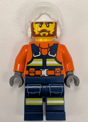 Coast Guard City Helicopter Pilot - Male, Reddish Orange Jacket with Dark Blue Safety Vest, Dark Blue Legs with Pockets and Reflective Stripes, White Flight Helmet