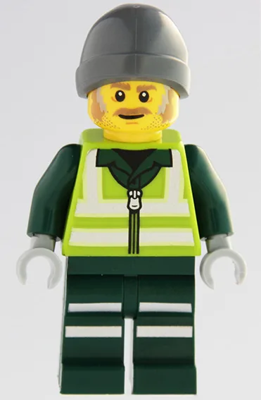Recycling Worker - Male, Lime Safety Jacket with Reflective Stripes, Dark Green Legs with Reflective Stripes, Dark Bluish Gray Beanie
