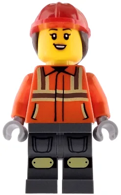 Construction Worker - Female, Reddish Orange Safety Jacket with Reflective Stripes, Dark Bluish Gray Legs, Red Construction Helmet with Dark Brown Ponytail Hair, Open Mouth Smile with Top Teeth
