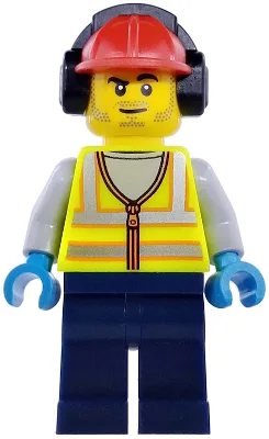 Airport Worker - Male, Neon Yellow Safety Vest with Reflective Stripes, Dark Blue Legs, Red Construction Helmet with Black Ear Protectors / Headphones, Stubble