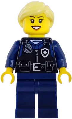Airport Security Guard - Female, Black Safety Vest with Silver Star Badge Logo, Dark Blue Legs, Bright Light Yellow Hair Ponytail